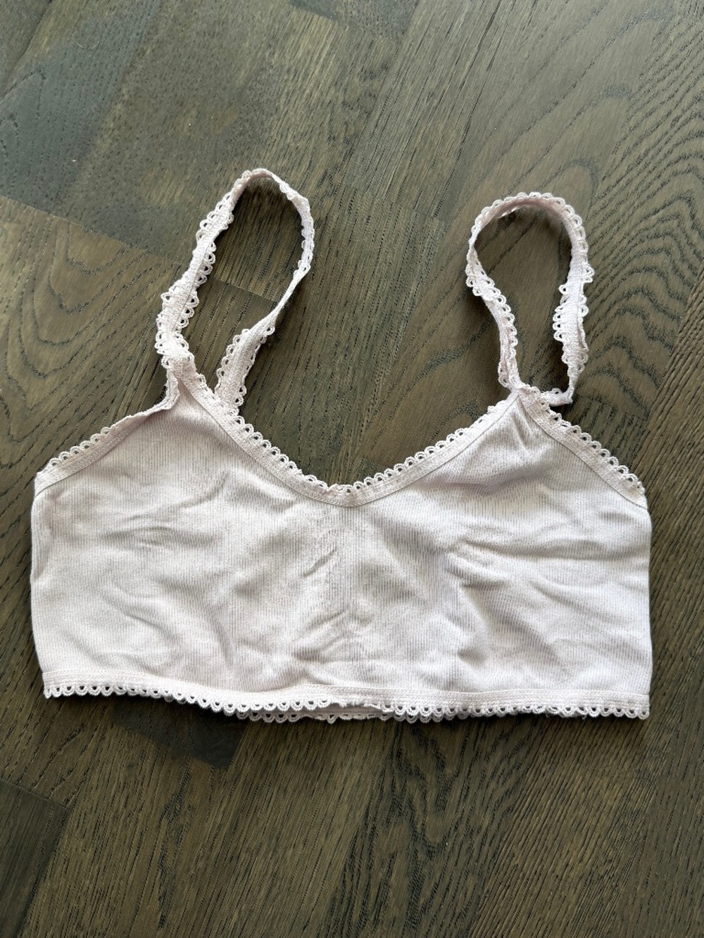 Pink Ribbed Lace Trim Bralette Sports Bra Women’s Size Small Soft Lounge Bra